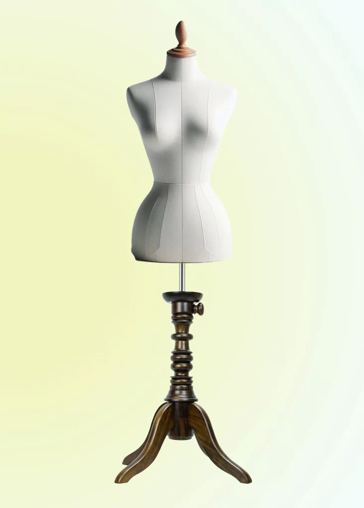 Wooden dress form and mannequin stand in dark brown colour with fourpod base for display and tailoring