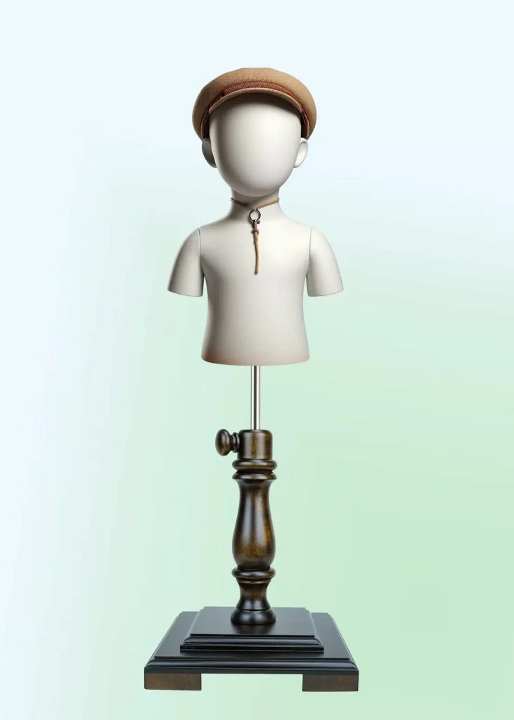 Wooden child dress form stand in dark brown colour with pedestal base for display and tailoring