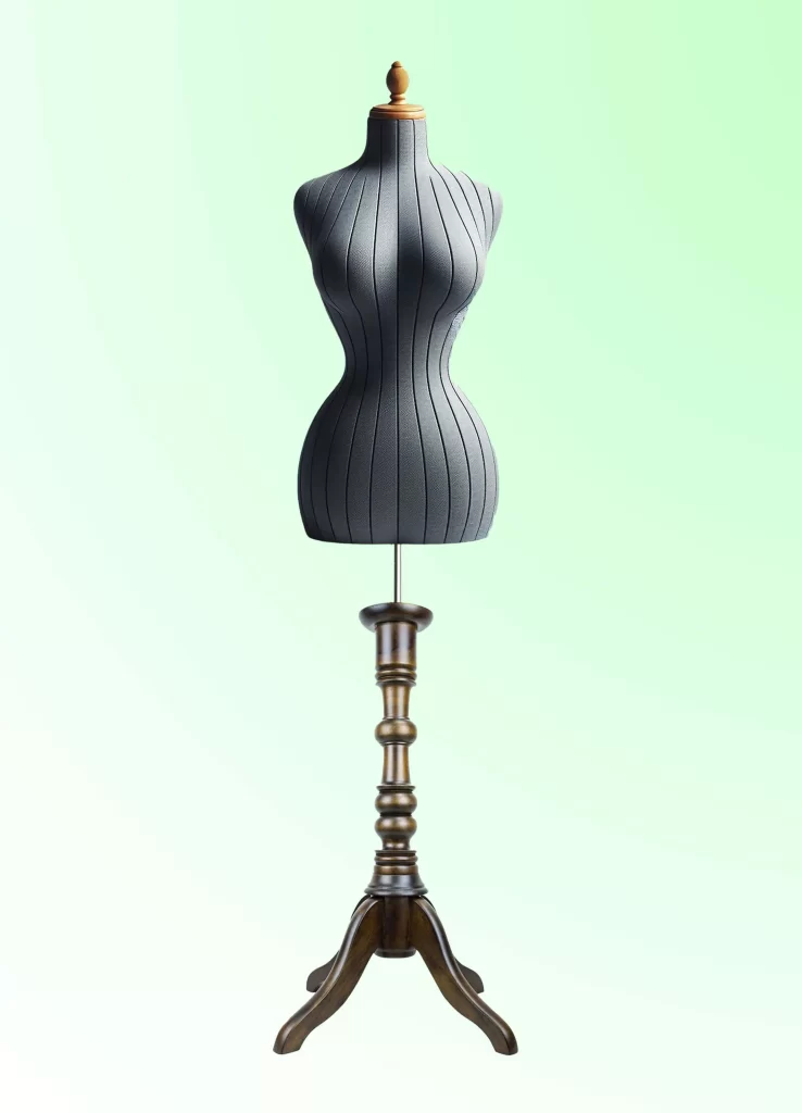 Wooden dress form stand in dark brown colour with fourpod base for display and tailoring