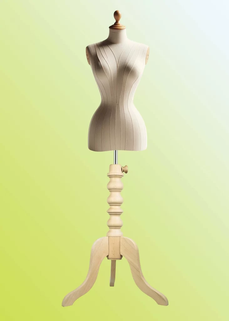 Wooden dress form stand in natural colour with tripod base for display and tailoring