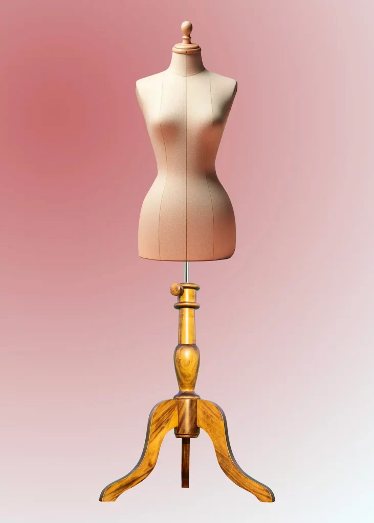 Wooden dress form stand in yellow colour with tripod base for display and tailoring