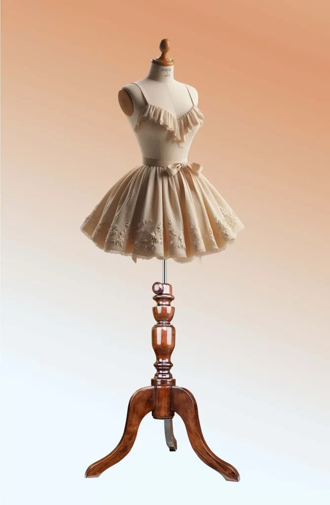 Wooden dress form and mannequin stand in brown colour tripod legs for display and tailoring