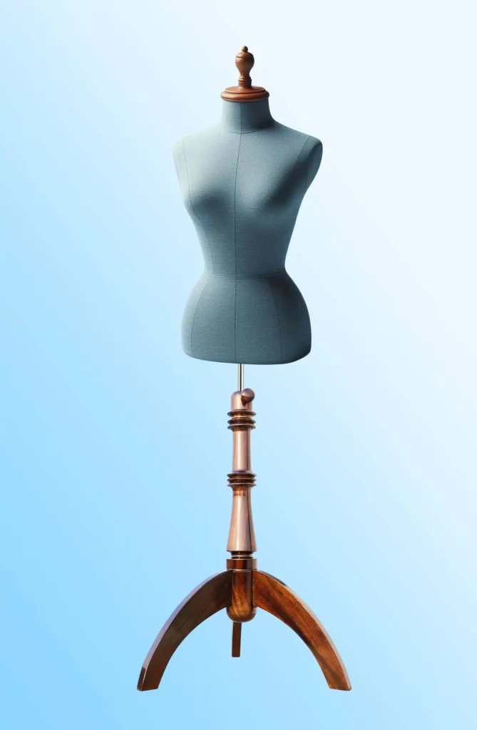 Wooden dress form stand in brown colour tripod legs for mannequin display and tailoring