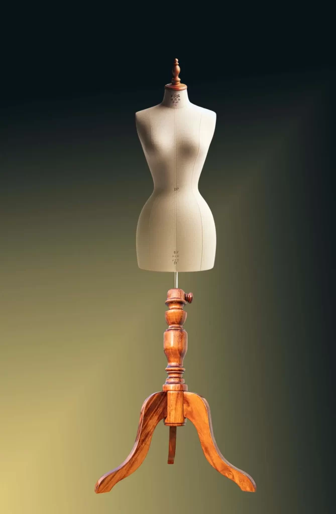 Wooden dress form stand in sheesham finish, tripod legs for mannequin display and tailoring
