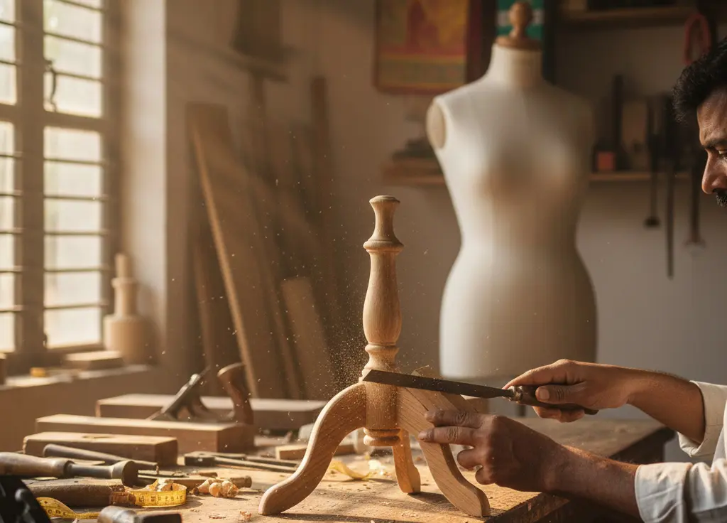 wooden dress form stand base is being customised in a wooden factory