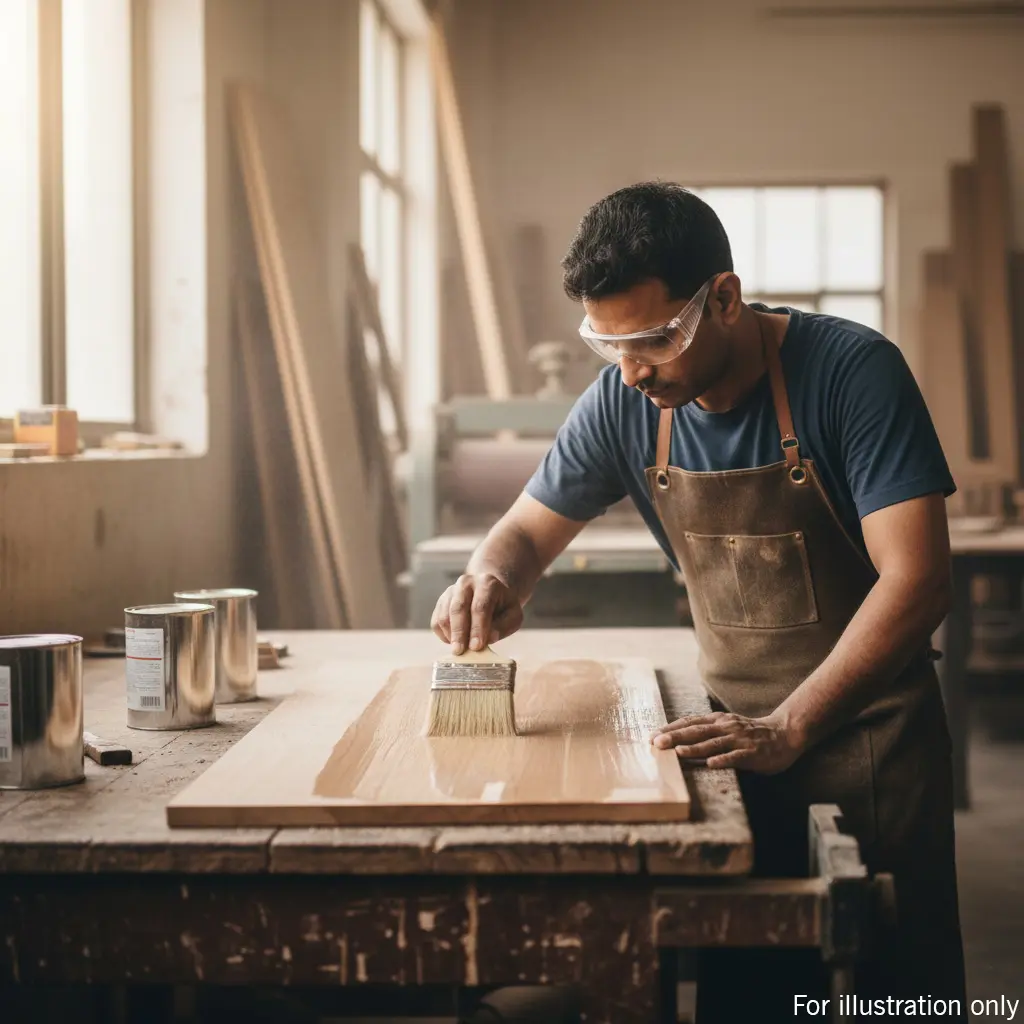 carpenter applying sealer on the wood surface in the workshop