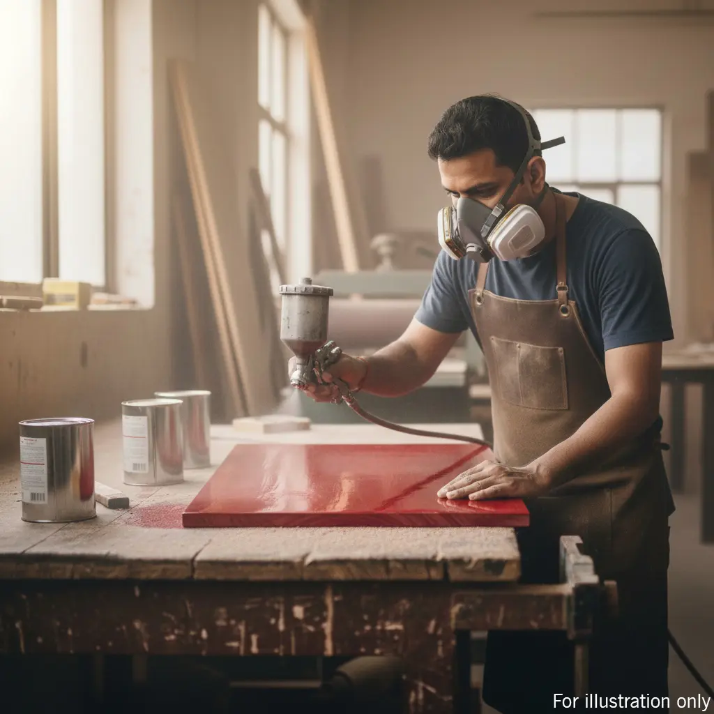 carpenter applying the final top coat in cherry colour on the wooden surface in the workshop