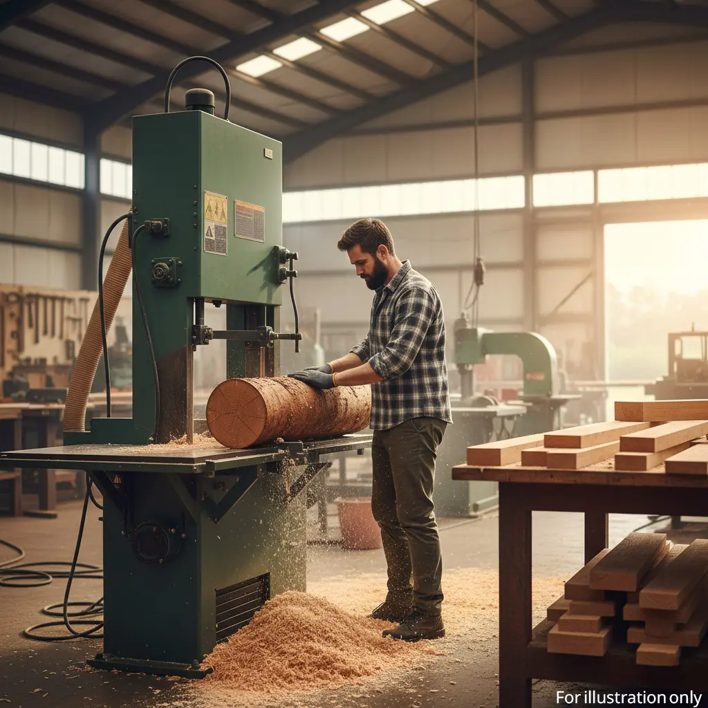 person cutting the wooden log in the bandsaw machine for required sizes