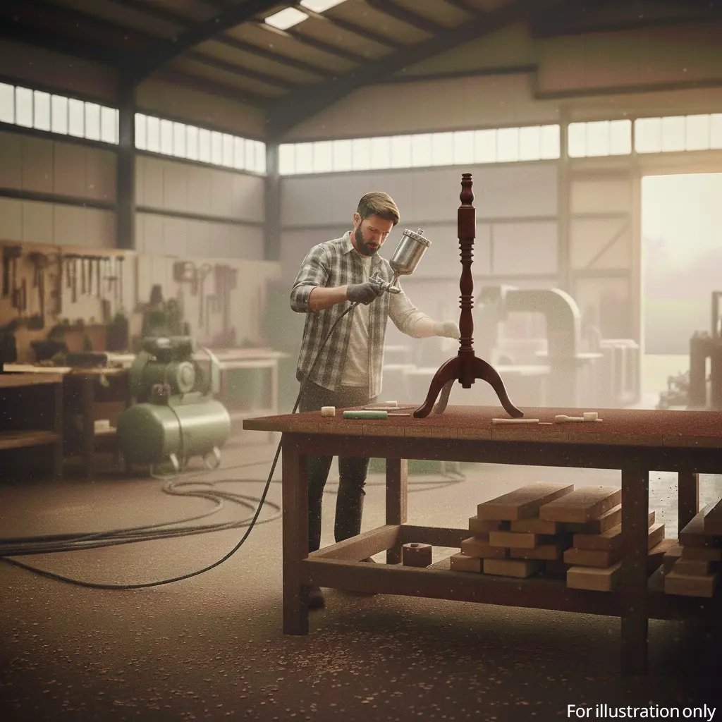 person applying final polish on the wooden dress form stand in the workshop