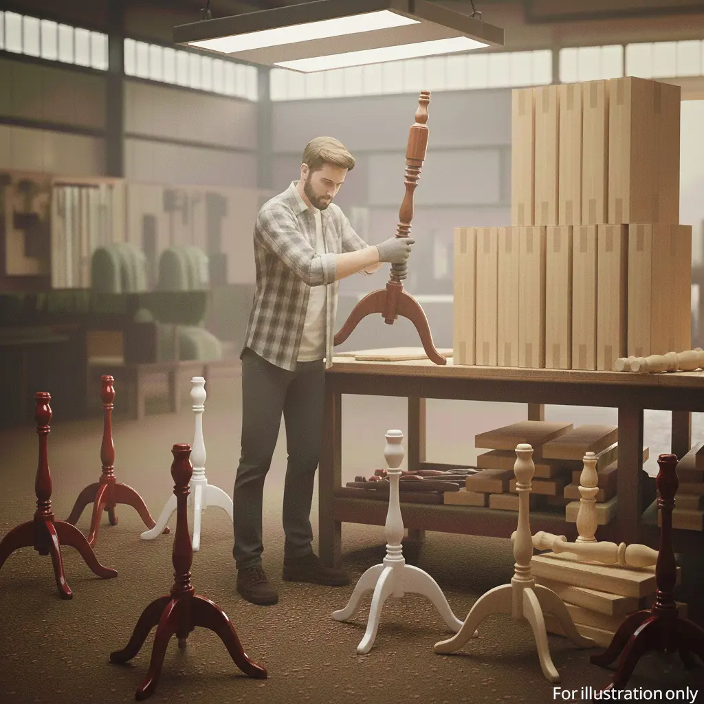 person packing the final products of wooden dress form stands in natural colour, walnut colour, white colour and cherry colour in the cartoon to dispatach them